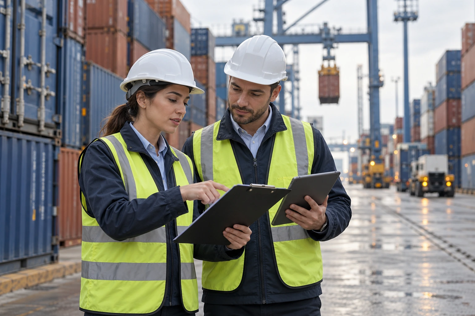 Two logistics professionals reviewing shipment details at a port
