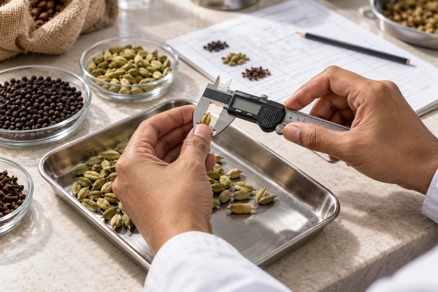 A cardamom sample being measured against product specifications