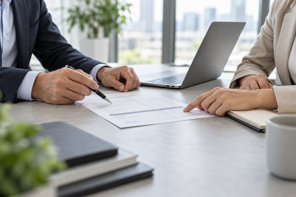 Business partners working through trade documents