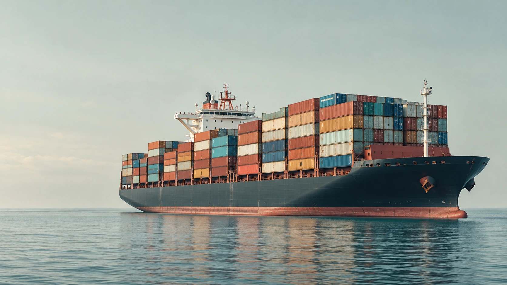 Container ship carrying stacked cargo across calm coastal waters