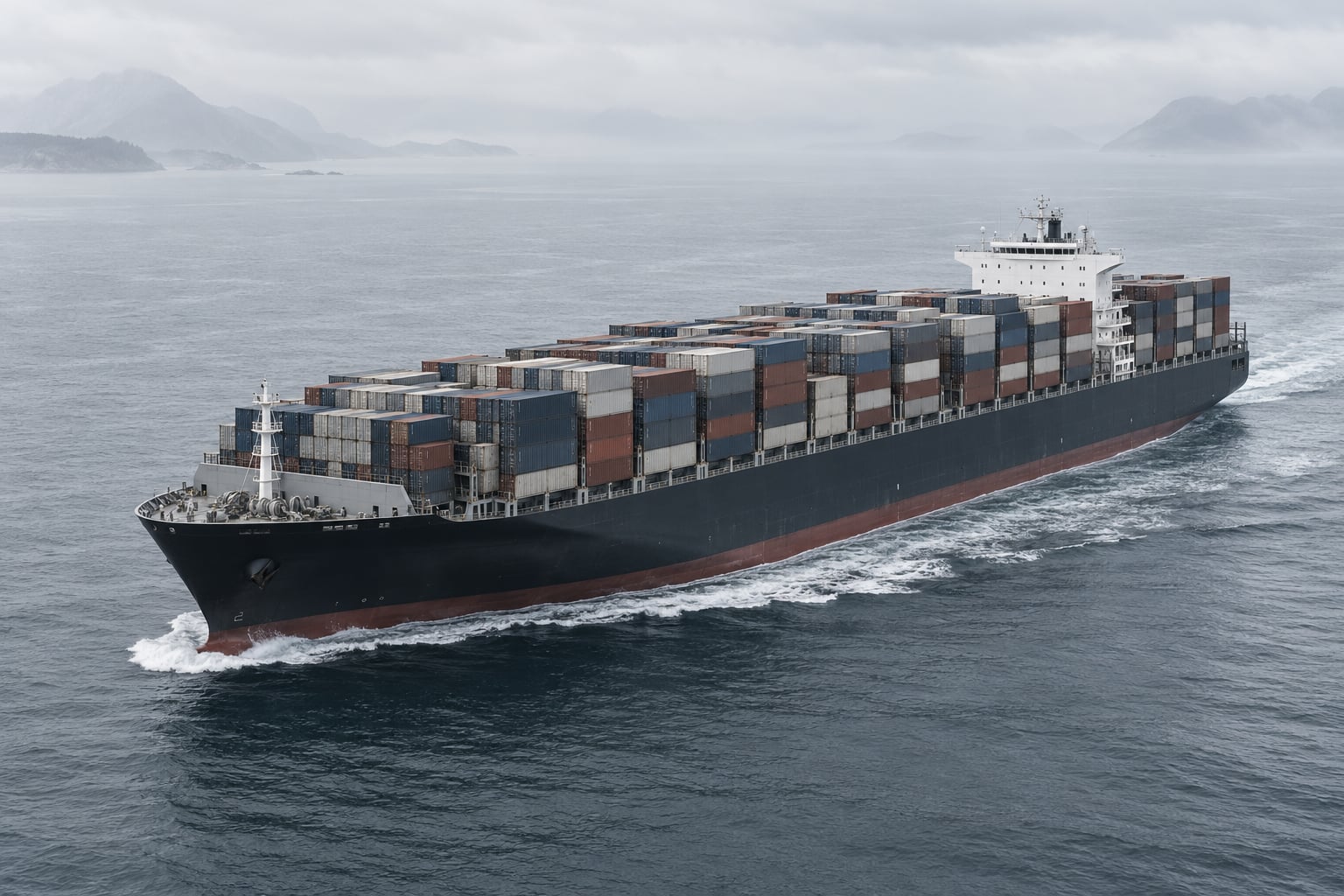 Container ship carrying cargo across a calm sea