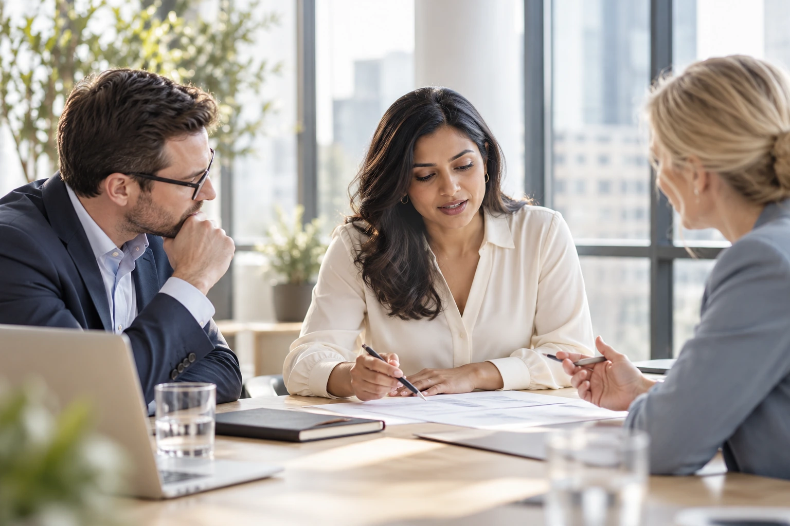 Three trade partners reviewing sourcing options together