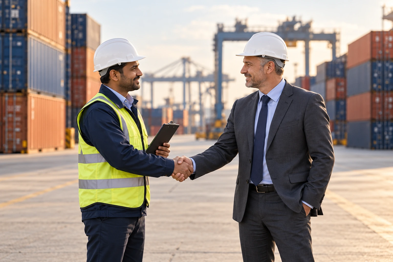 Two trade partners shaking hands at a container terminal
