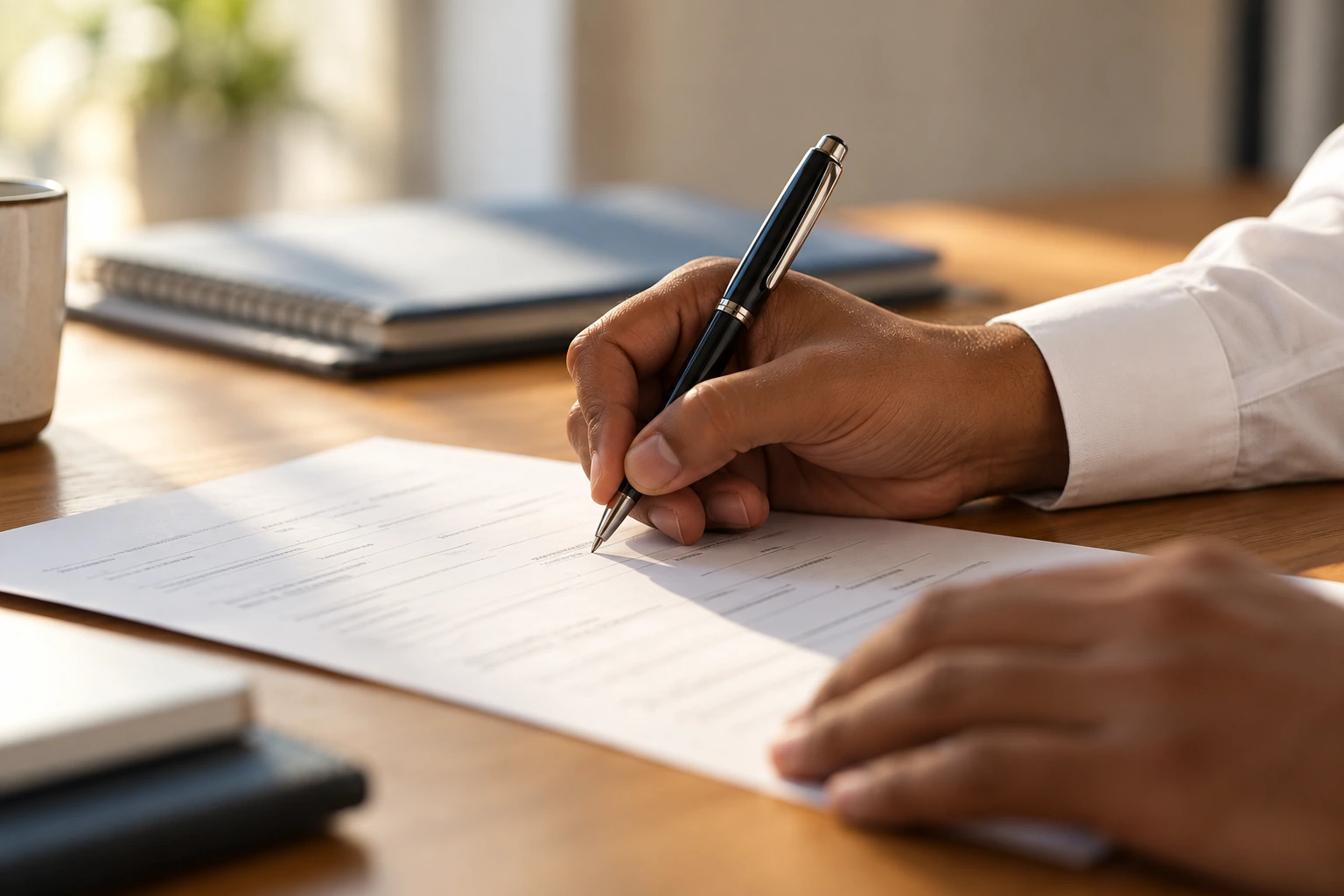 A business professional writing product requirements on a document