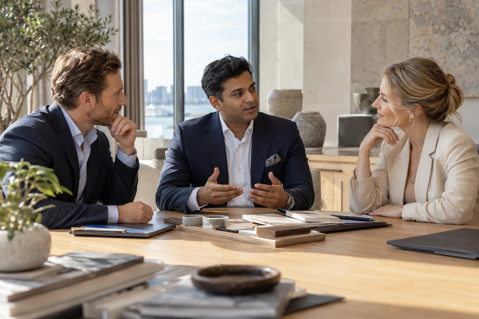 A trade adviser facilitating a discussion between two business partners