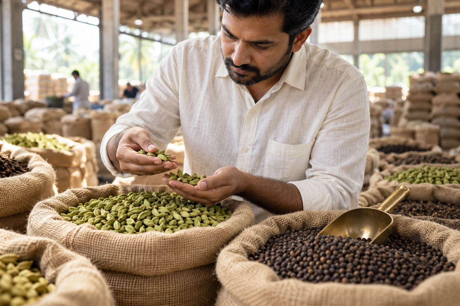 A sourcing specialist inspecting cardamom and pepper at a spice warehouse