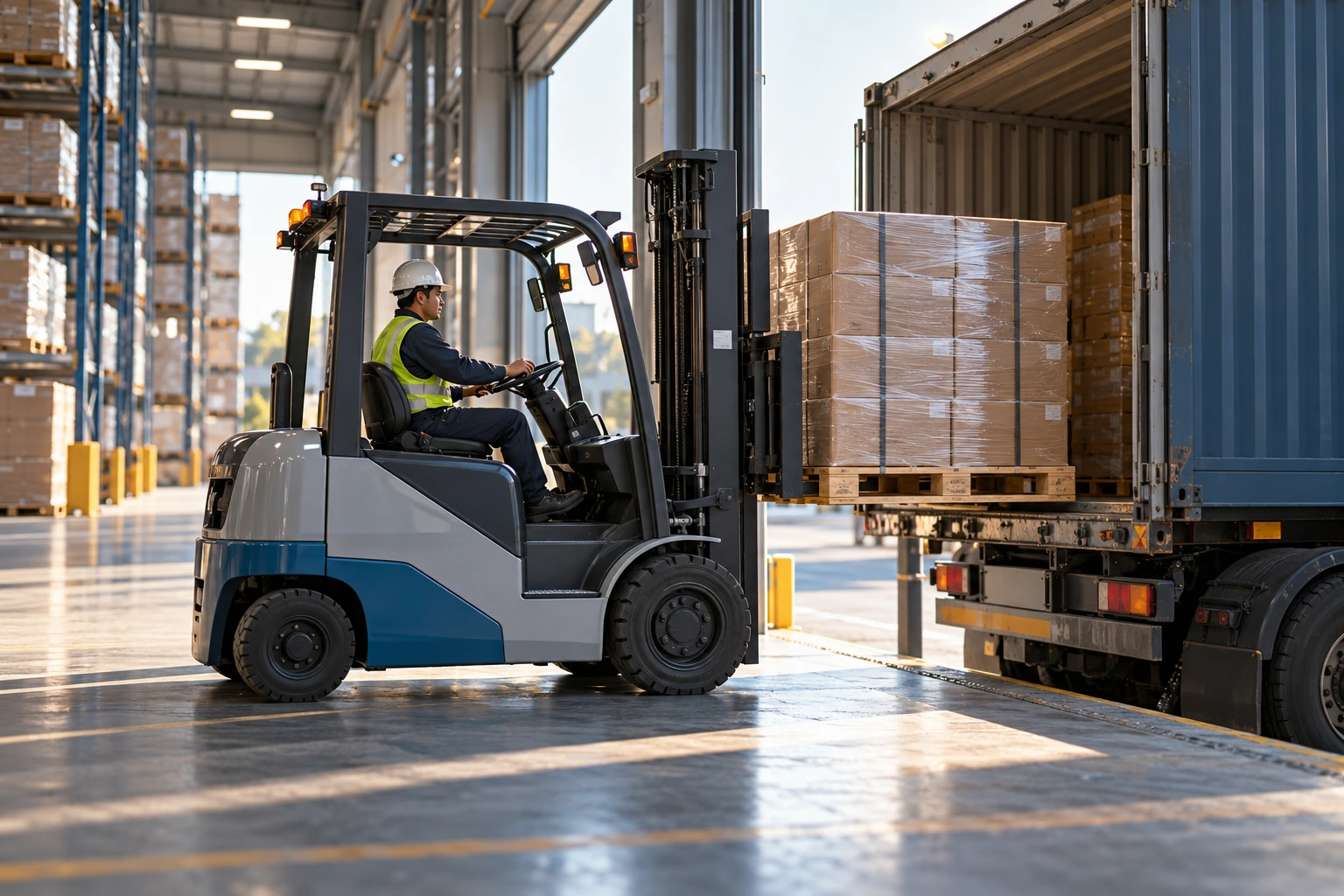 A forklift loading a pallet of cartons into a freight container