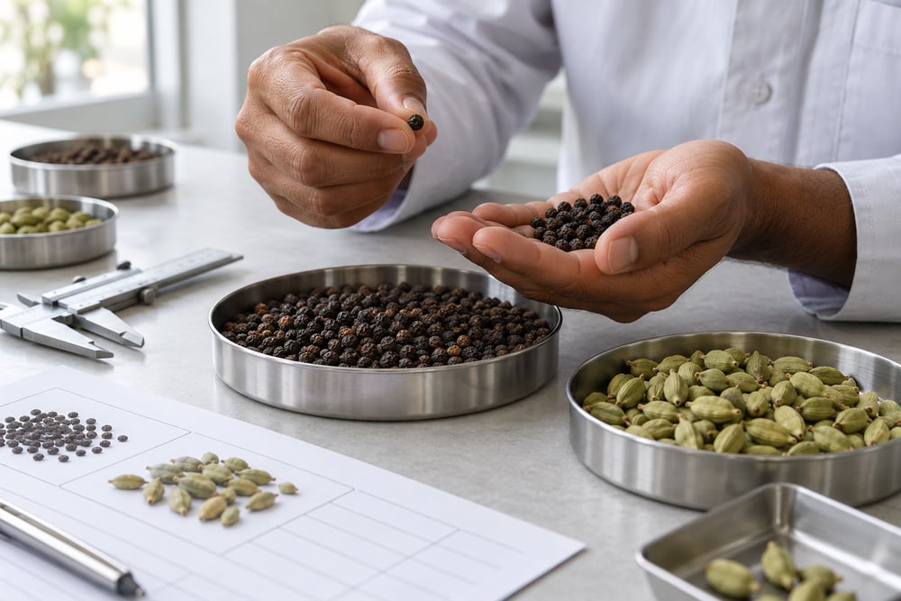 Hands reviewing spice samples and product specifications